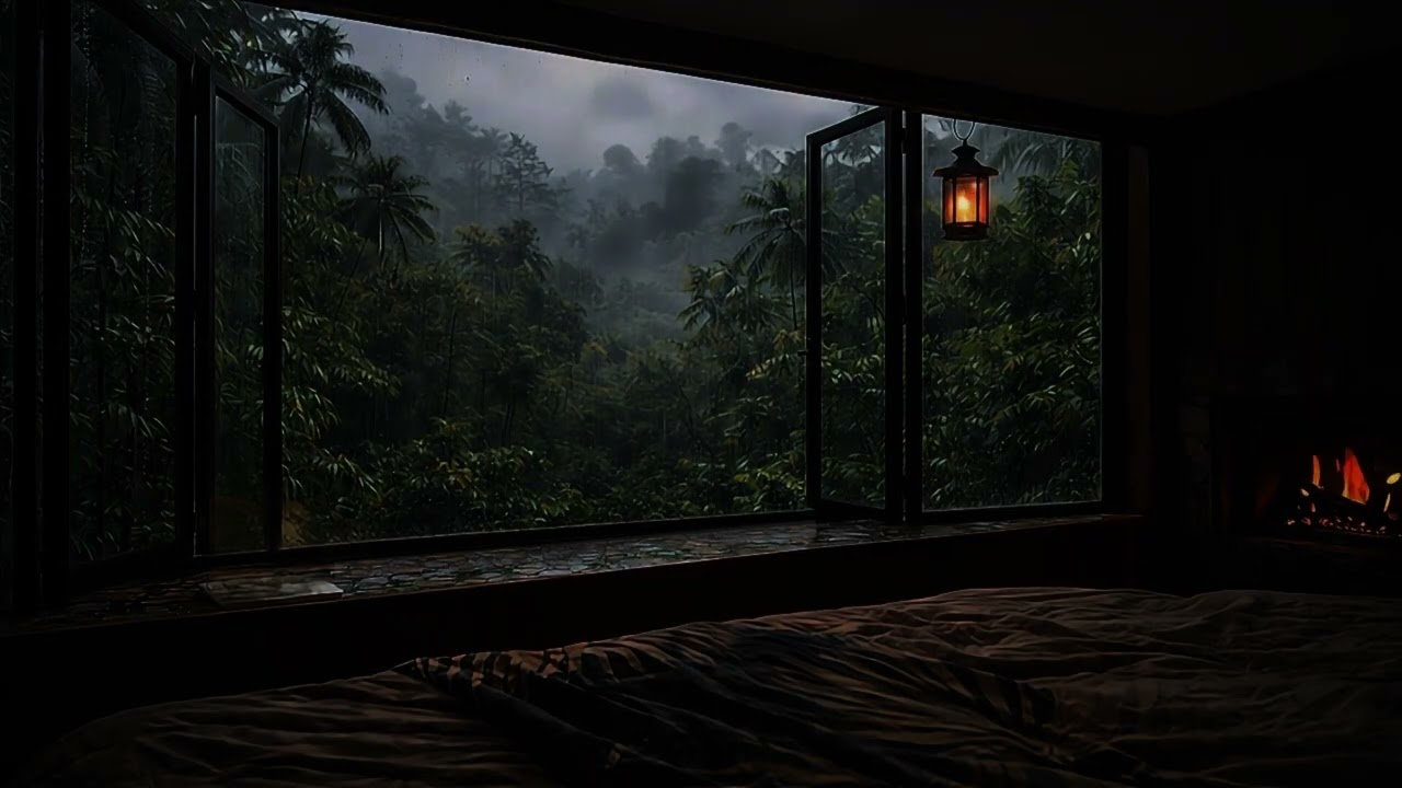 Jungle Mornings 🌿 Cozy Tropical Rain & Fireplace Ambience for Sleep and Relaxation (4 Hours)