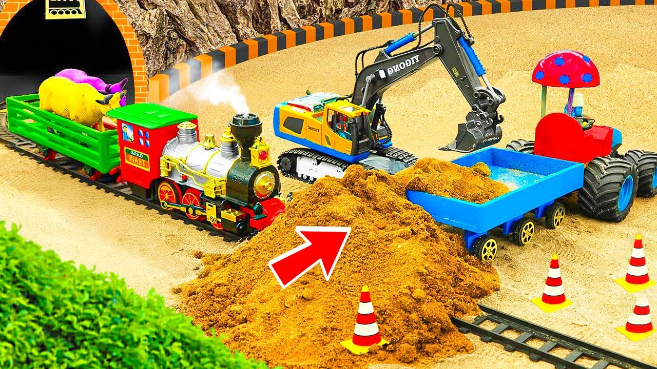 Diy tractor and excavator working together for sand transport and railway safety