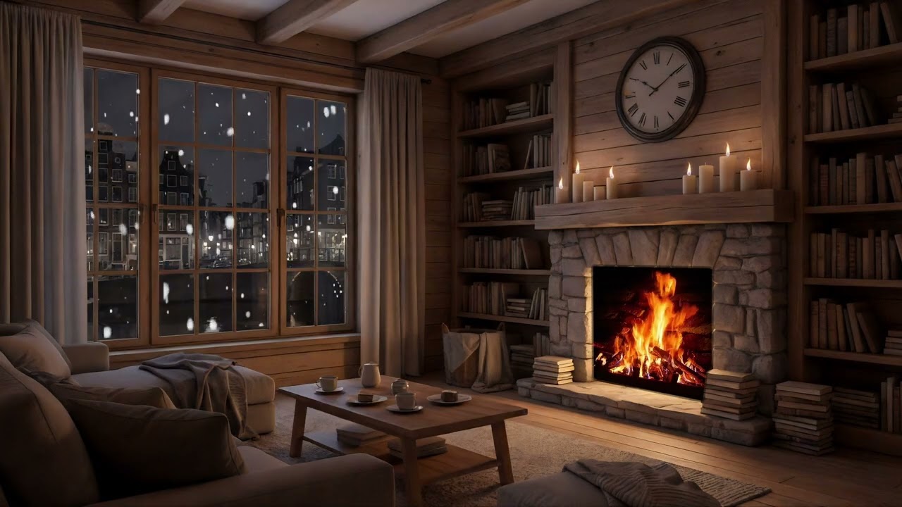 Warm Firelight on a Cold Amsterdam Winter Night | Snowy Canal Fireplace Ambience for Sleep