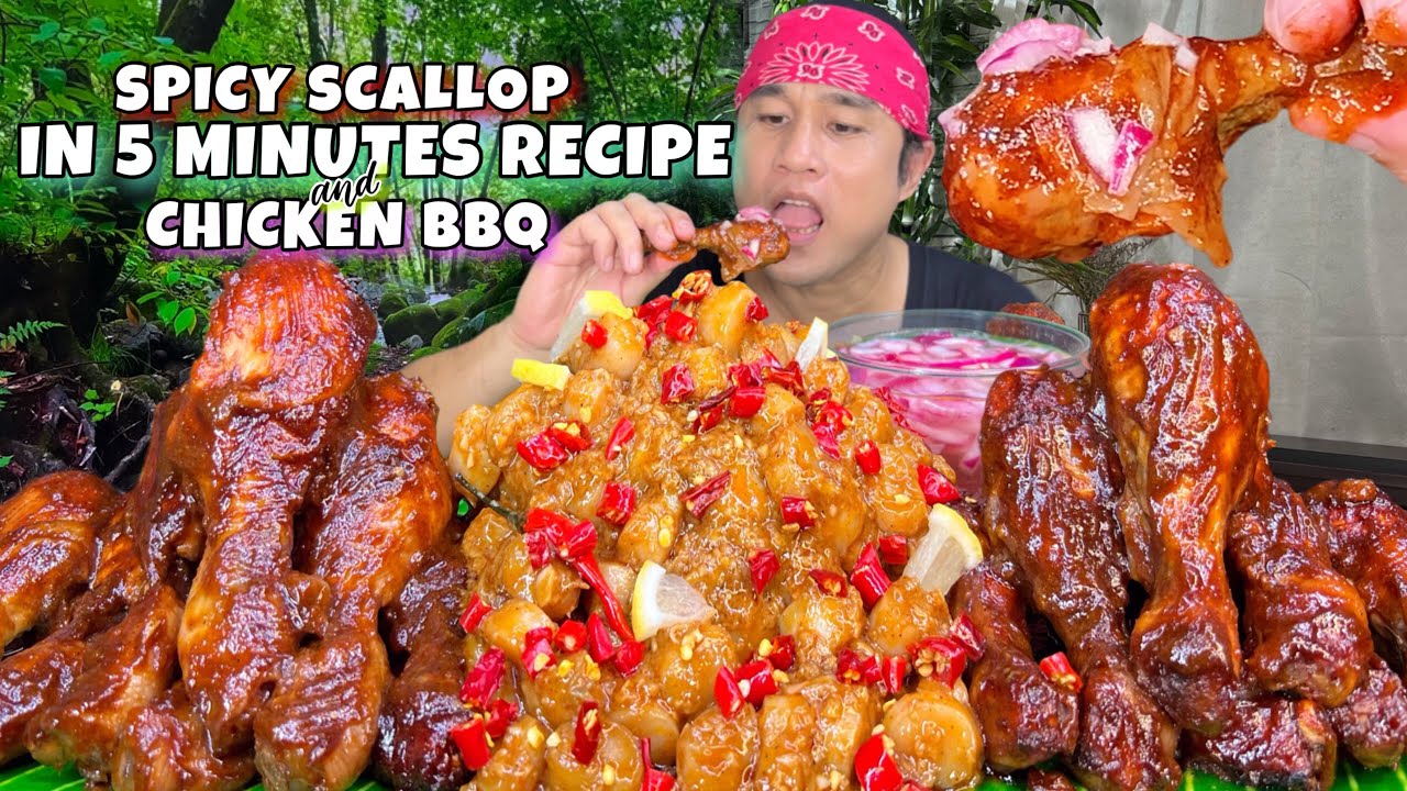 Spicy Scallops in 5 Minutes Recipe with Garlic Butter Sauce & Bbq Chicken Mukbang