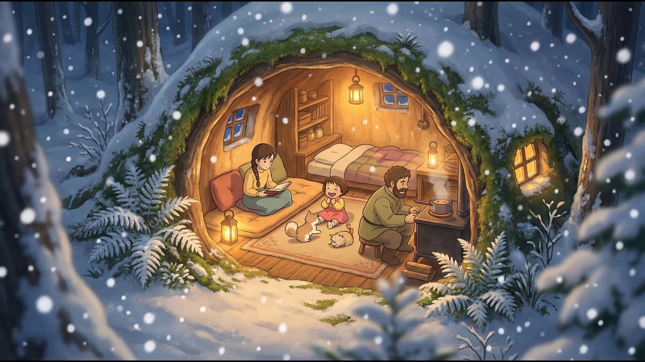 Cozy Burrow Home ASMR ❄️ Heavy Snowstorm & Fireplace Cooking (Ghibli Style)