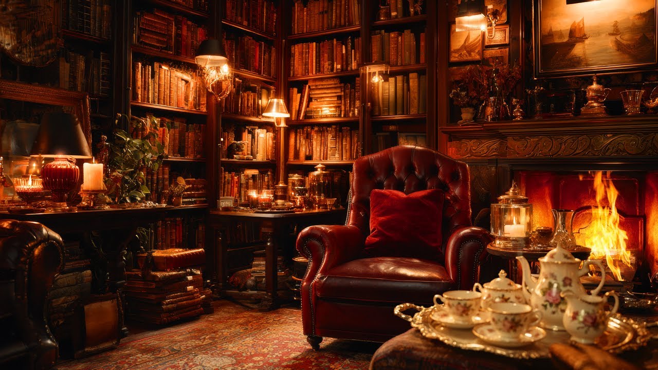 Edwardian Evening Library by the Fireplace | Soothing Sounds for Sleep & Concentration | 8 Hours