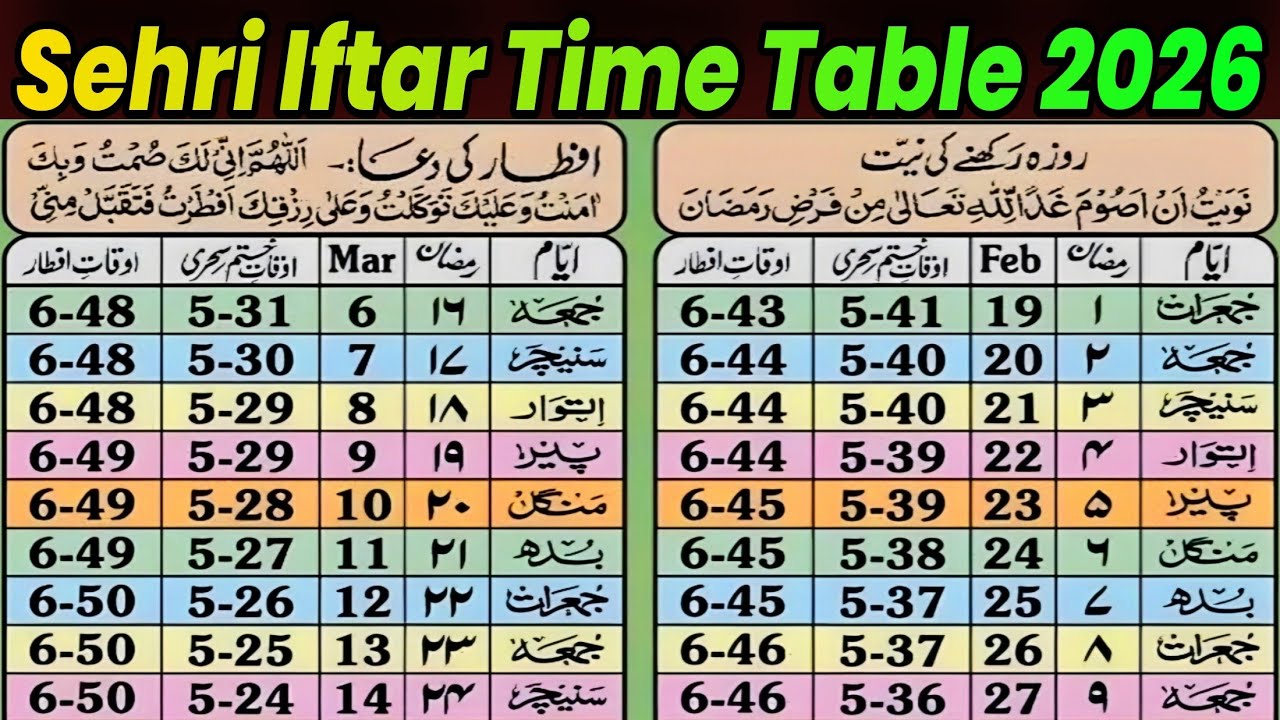 Ramadan Sehri Iftar Time Table 2026 | Ramadan Calendar 2026 | 2026 Ramzan Calendar