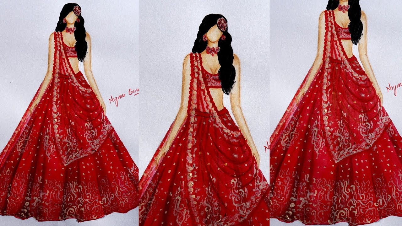 How to draw a bridal traditional dress Design || How to draw Red Lehnga design || Nagma Designs