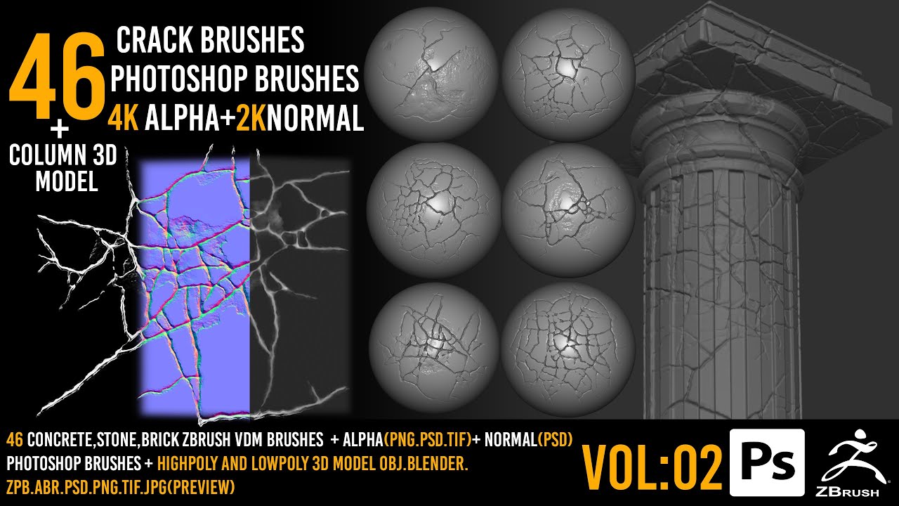 46 Zbrush Crack Brushes + 4k alpha + 2k normal + Photoshop Brushes+3dmodel - VOL 02