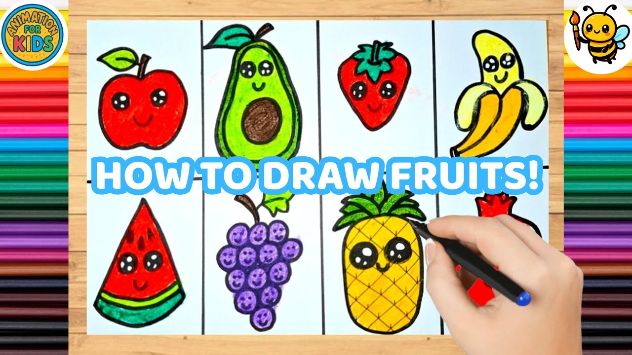 How to Draw and Color Fruits for Kids 🍎🍌 Easy Step by Step Drawing
