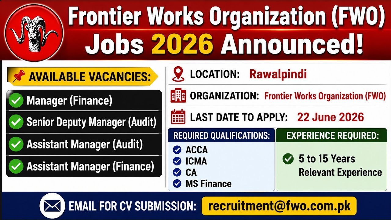 FWO Jobs 2026 | Frontier Works Organization Latest Jobs in Rawalpindi | Manager Finance, Audit