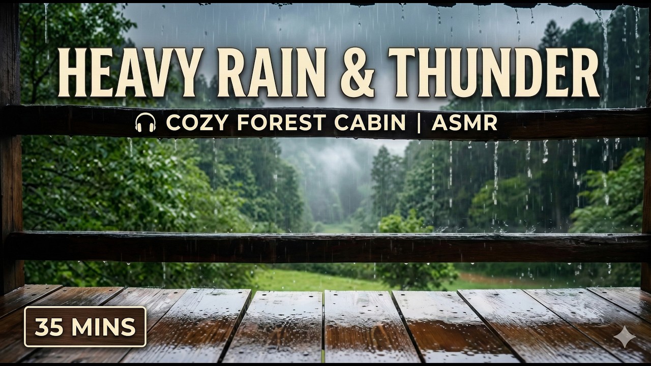 Relaxing Rainstorm ASMR: Heavy Rain & Rolling Thunder from a Forest Cabin