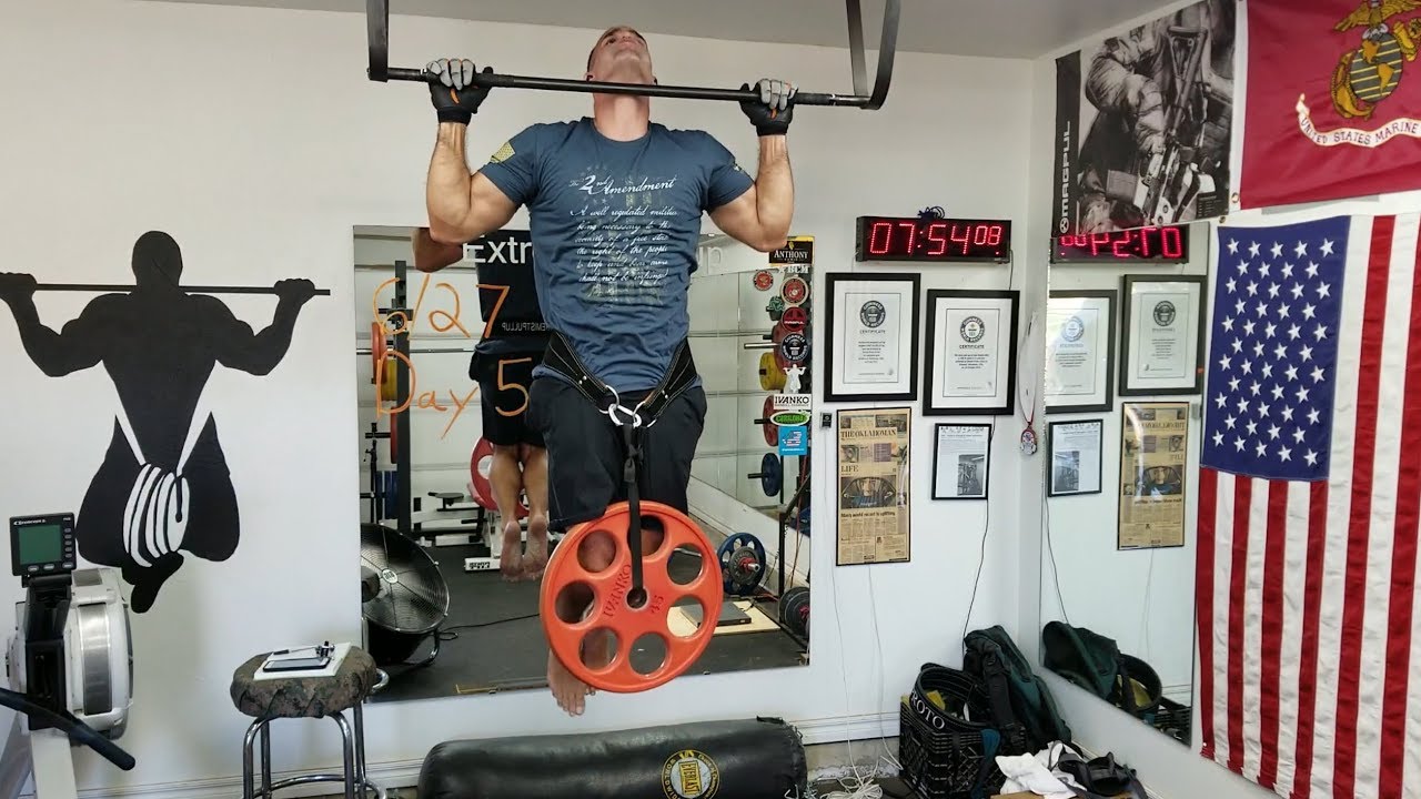 Day 55 100 pull-ups, +45 lbs, 16 sets, 16 mins