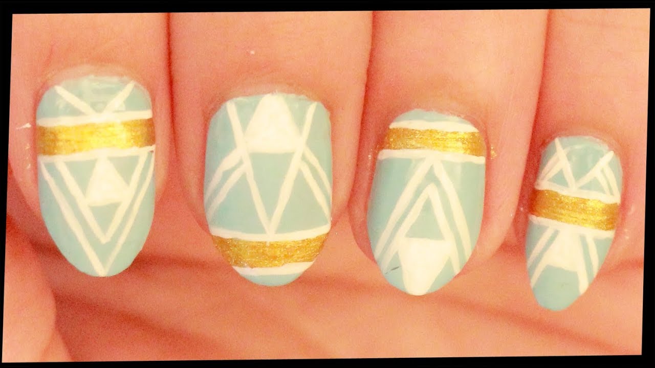 White Lines & Gold on Pastel Blue nail art