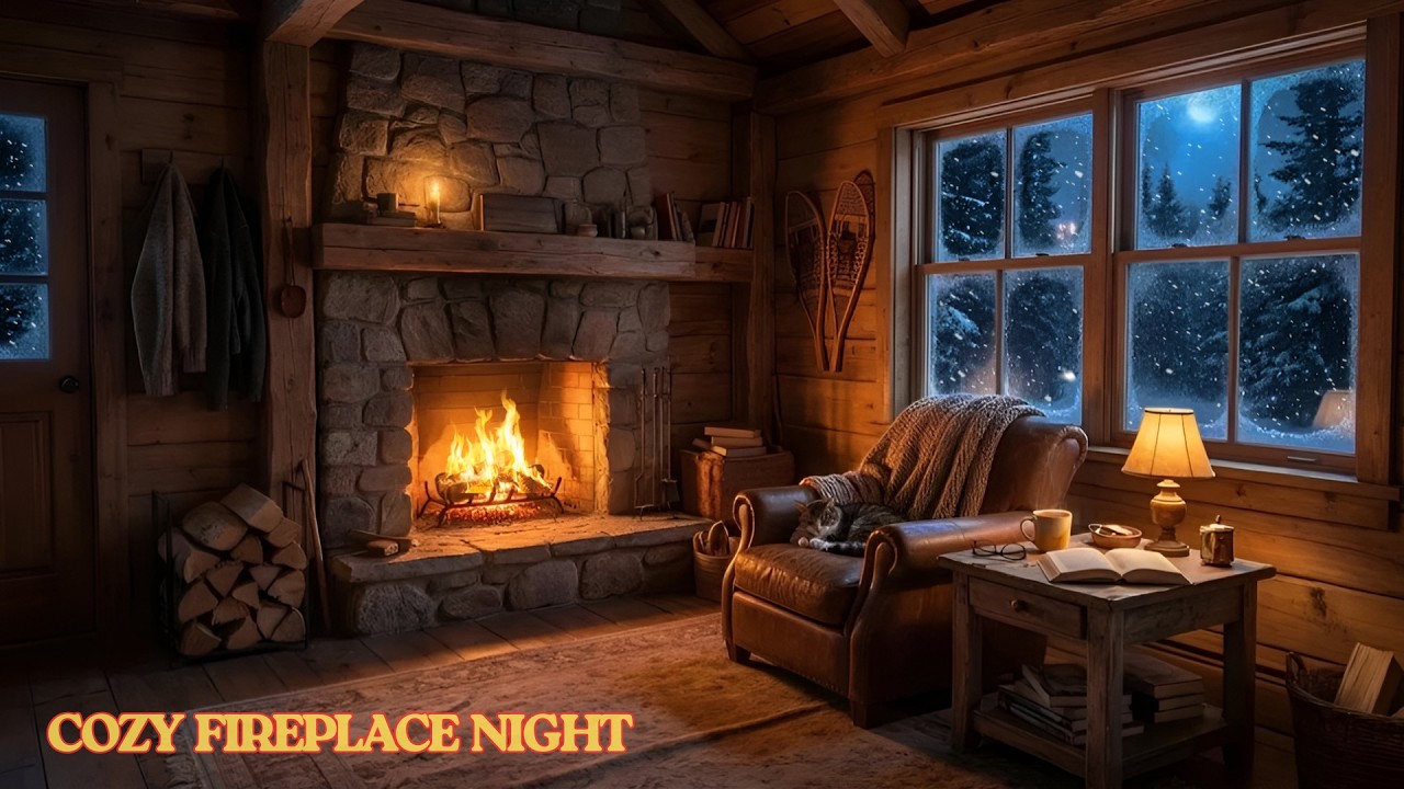 Cozy Cabin Fireplace Ambience ❄️ Snowy Winter Night | Relaxing Piano & Crackling Fire