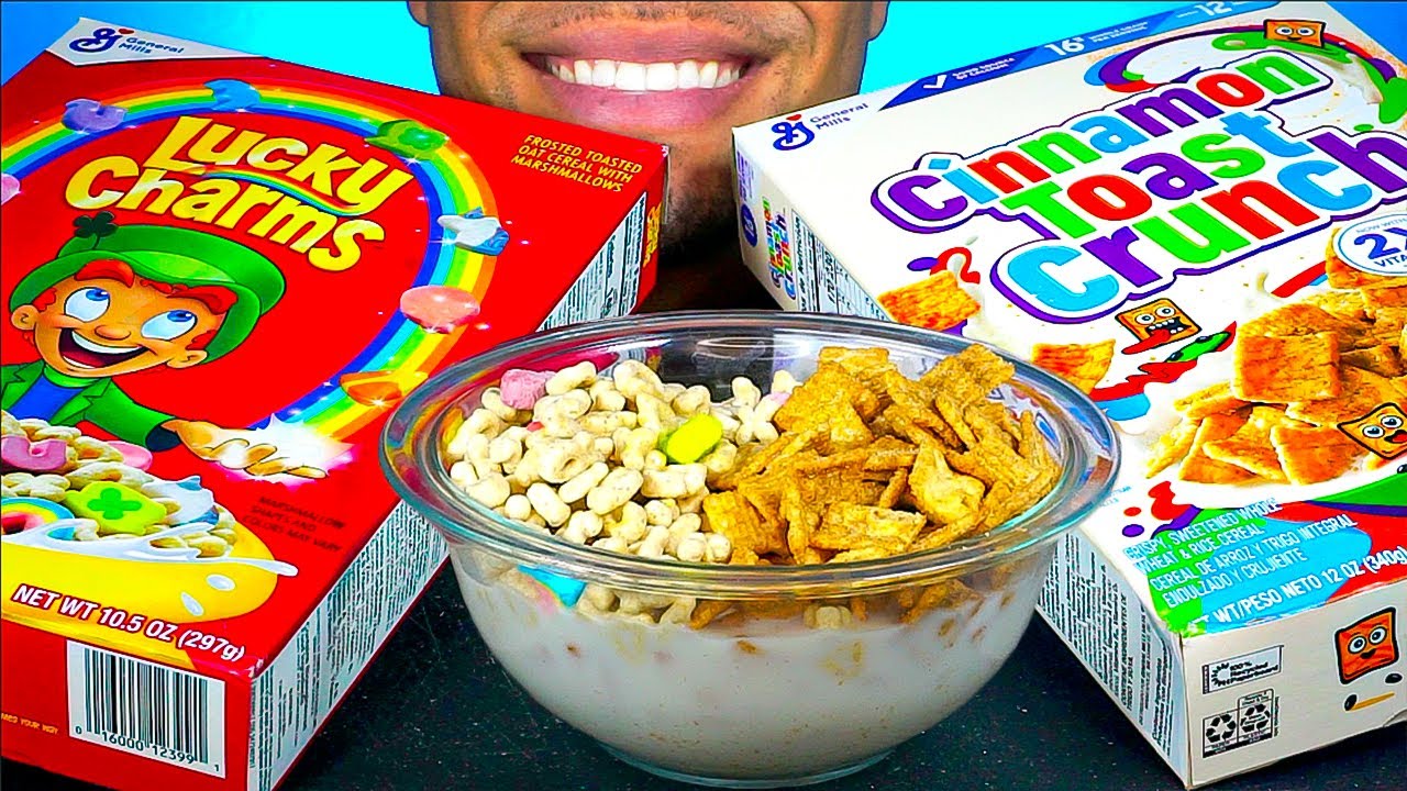 ASMR CINNAMON TOAST CRUNCH LUCKY CHARMS CEREAL WITH MILK TREATS SNACK JERRY CANDY ASMR MUKBANG