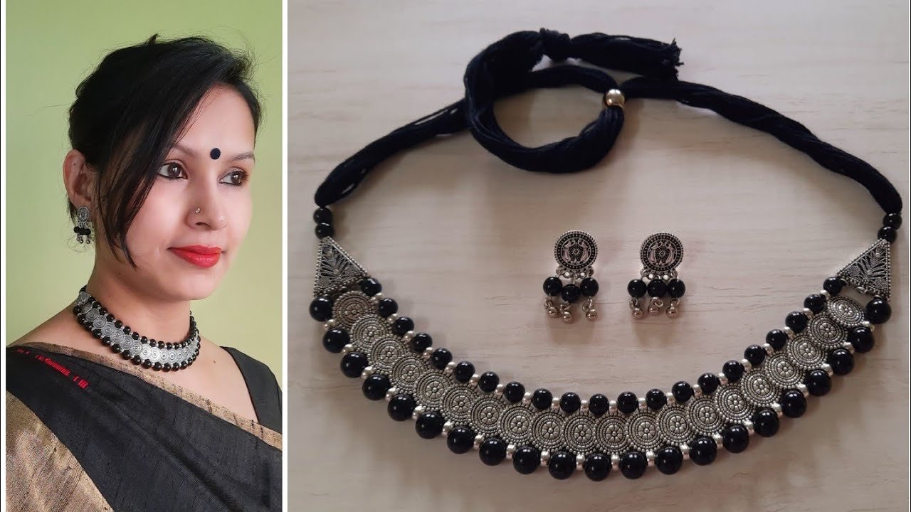 DIY Handmade Necklace/How to Make Glass Beads Oxidised Necklace at home