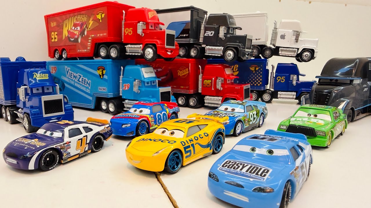 Mc Queen And Dinoco Cars For kids With Other Friends Being Driven By Hand 