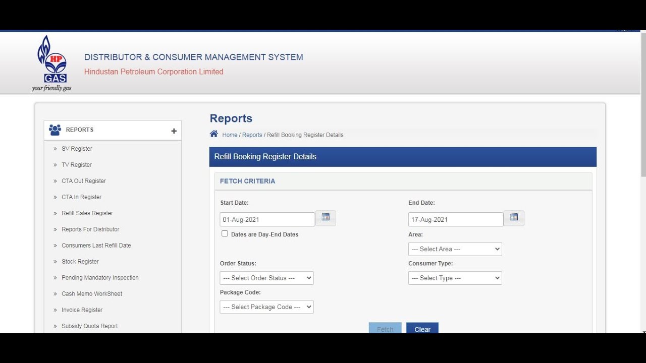 Refill Booking Register Details HPCL
