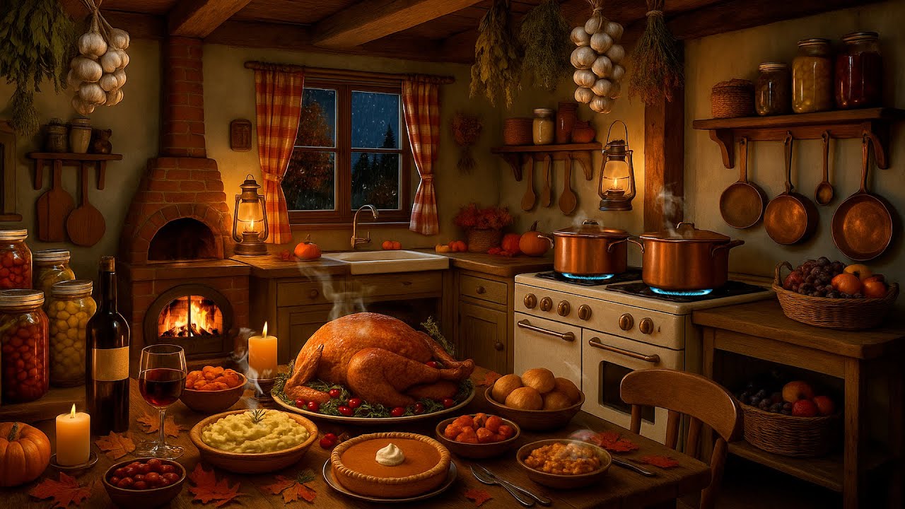 Grandma’s Cozy Thanksgiving Kitchen 🦃 Peaceful Rainy Night & Gentle Cooking Ambience 🍂🔥