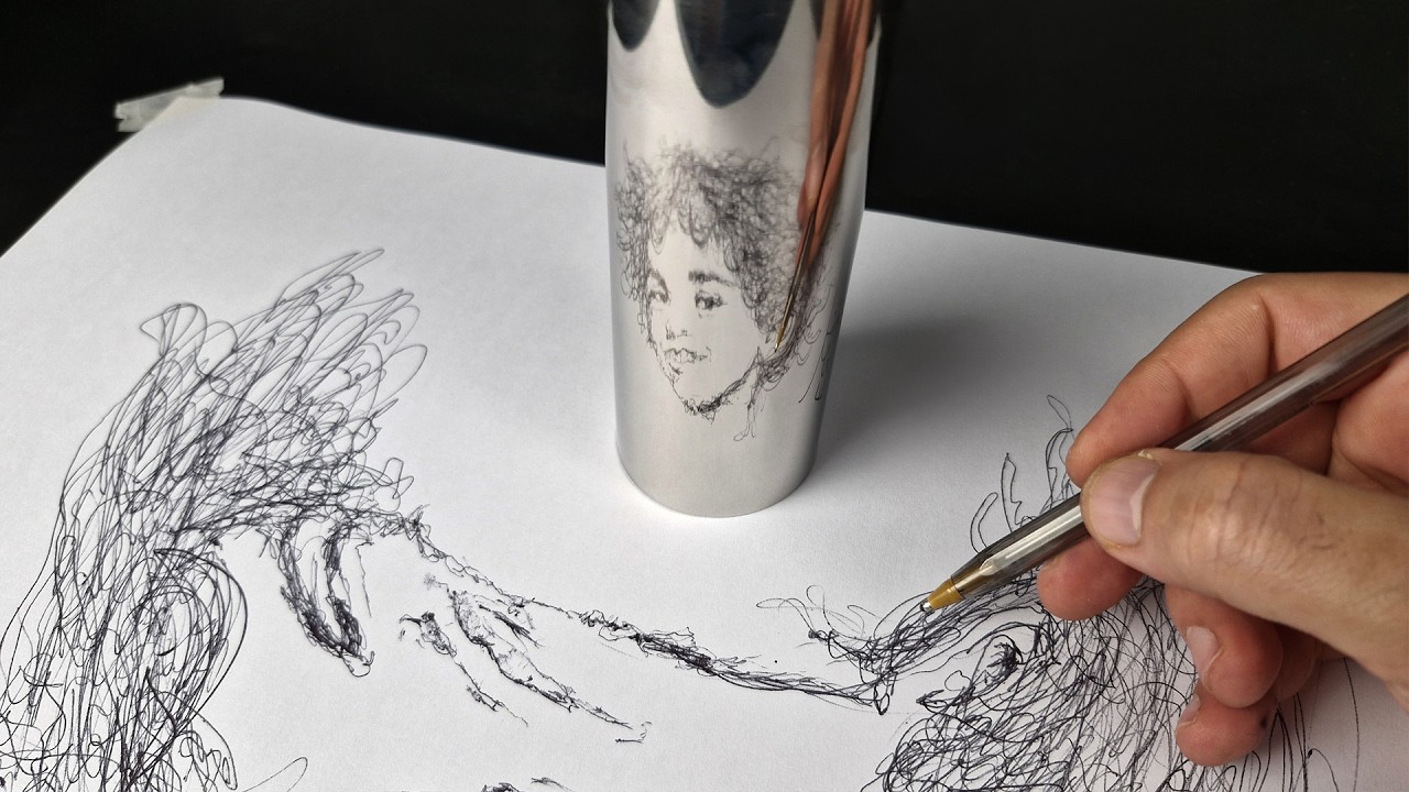 Drawing Face in Mirror Reflection | Amazing Anamorphic Art