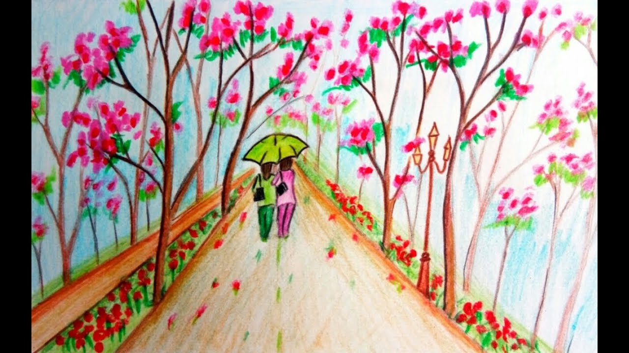 How to draw scenery of spring season (easy drawing)