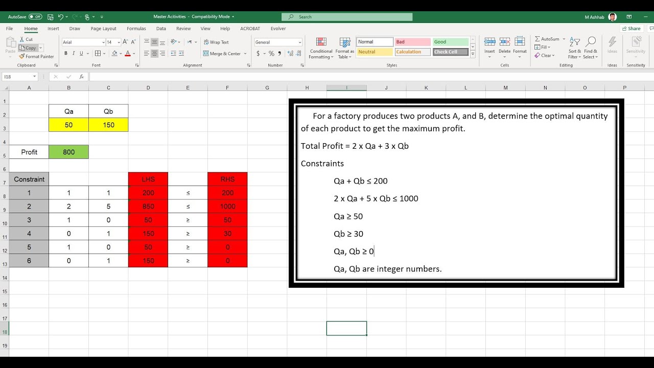 How to Solve Linear Programming Optimization Problem using Excel Solver البرمجة الخطية باستخدام إكسل
