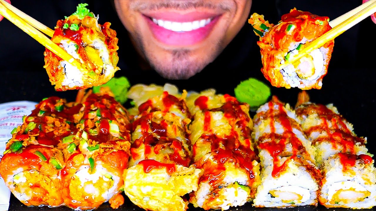 ASMR EATING SUSHI ROLLS BIG BITES MUKBANG JERRY WASABI CHALLENGE SOY SAUCE NO TALKING