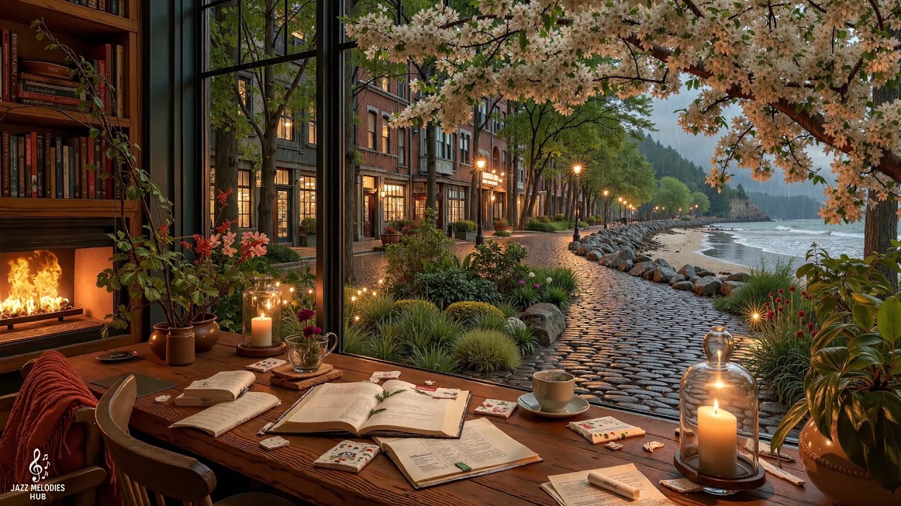 Rainy Spring Café by the Sea🌸Soft Jazz Piano, Rain Sounds & Cozy Reading Corner for Peaceful Moments