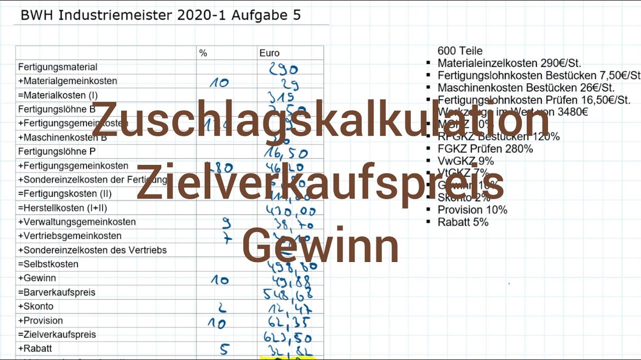 BWH Industriemeister Metall 2020-1 Frühjahr Aufgabe 5 - Zuschlagskalkulation, Listenverkaufspreis