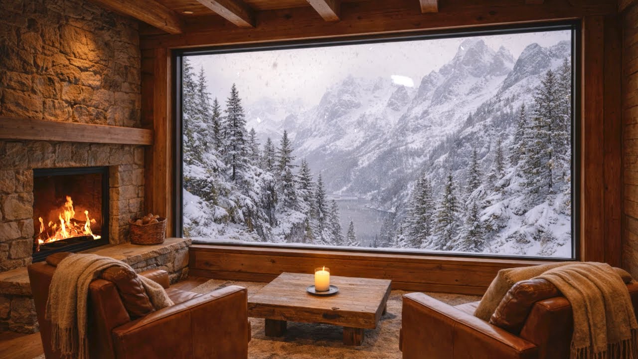 Mountain Gorge Cabin Fireplace | 1 Hour Winter Fire & Wind Ambience