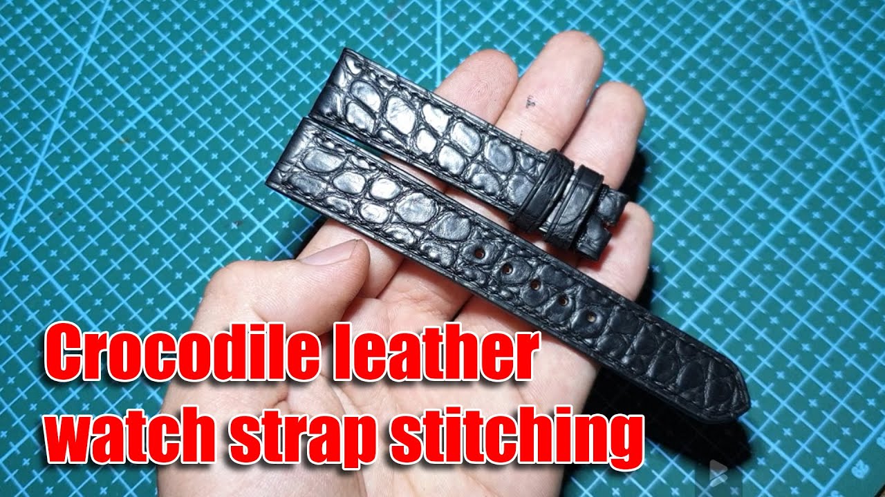 Crocodile leather watch strap stitching. Handmade crocodile leather strap
