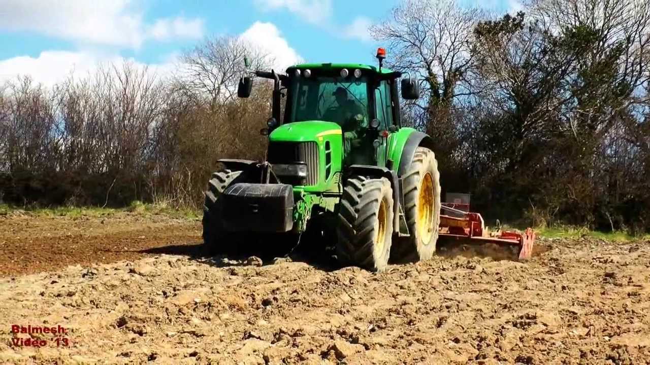 John Deere 7530 Growls Uphill with Power Harrow!