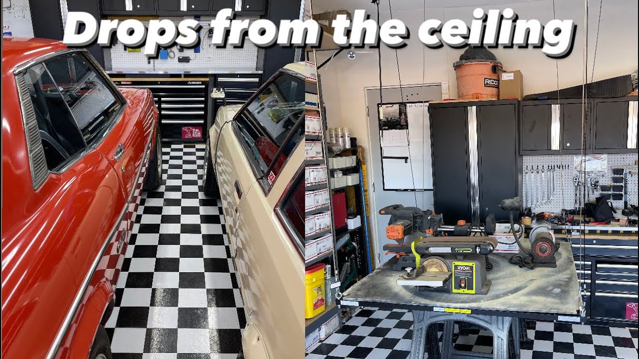 Portable workbench when you need it. Fleximounts GL1 install overhead garage storage.