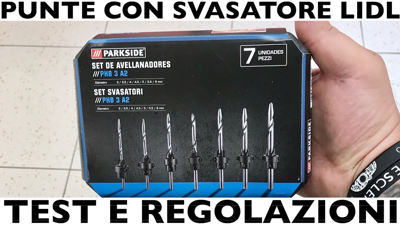 Set punte di trapano con svasatore integrato. phb. lidl parkside. Preforo e svasatura. Legno