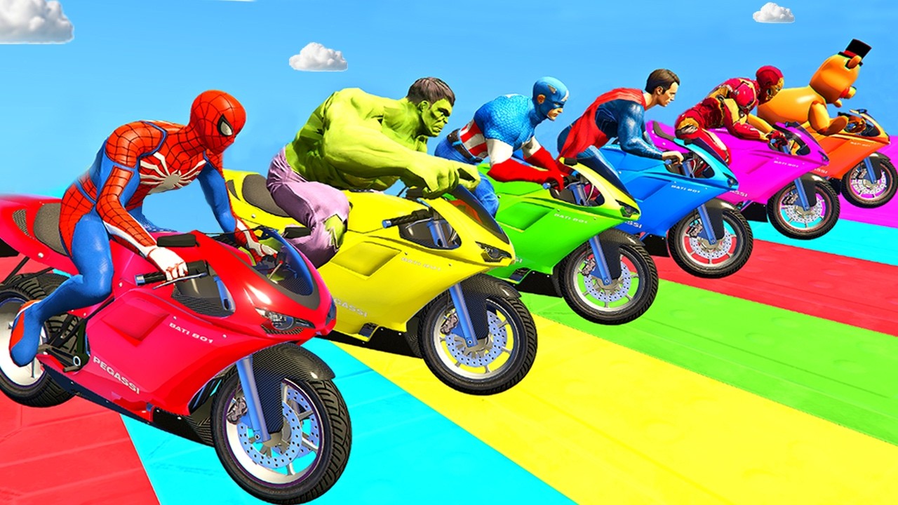 SPIDER MAN Takes on Spiral Bridge Stunt Ride on Motorcycle🦺🥽بطال الخارقين على القضبان دوامة قمع