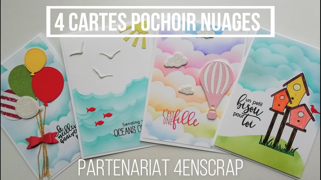 4 cartes avec le pochoir Nuages (partenariat 4enScrap) - Scrapbooking Carterie tutoriels français