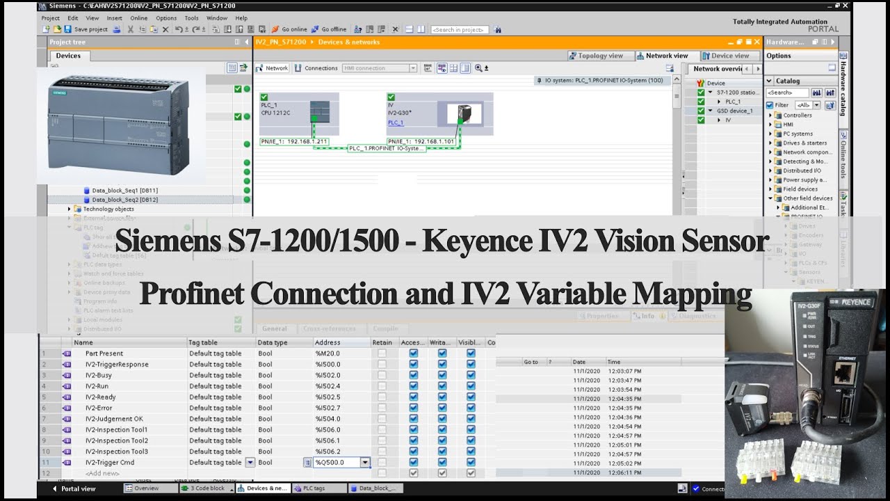 K17a. Подключение ПЛК Siemens и видеодатчика Keyence IV2 к сети Profinet и сопоставление переменных.