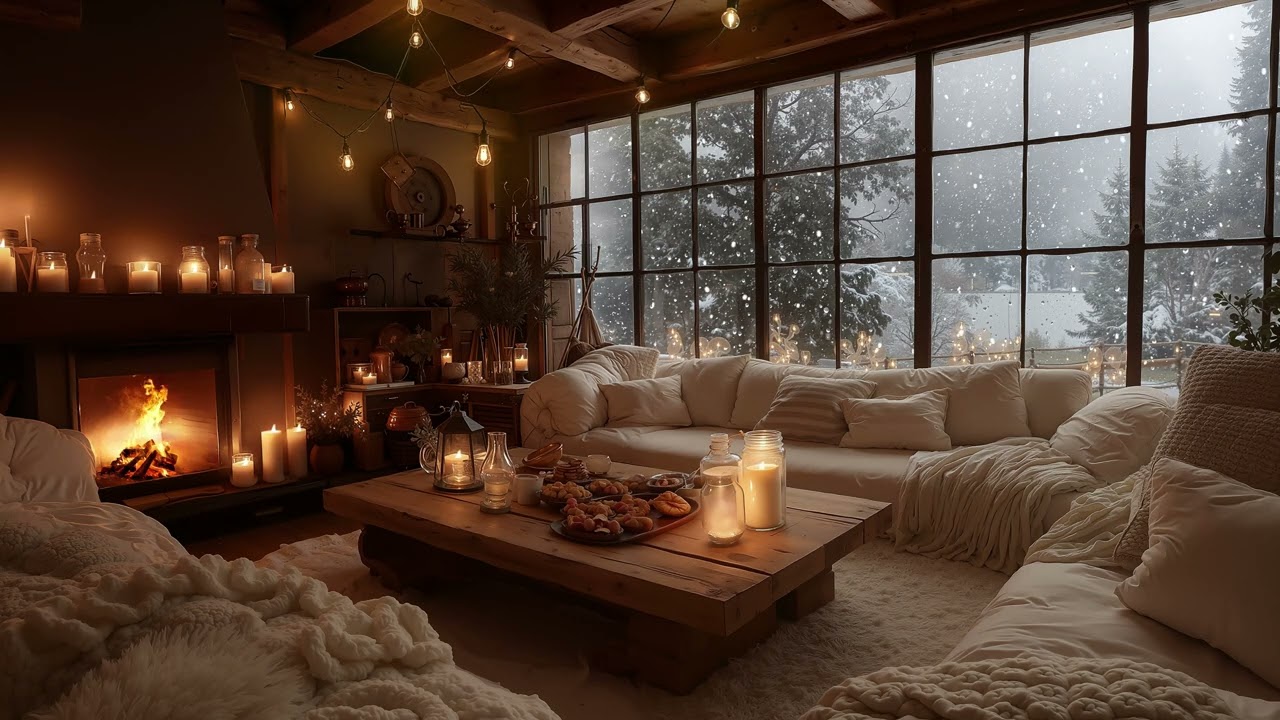 Cozy Snowy Night by the Fireplace ❄️ Soft Piano & Falling Snow for Relaxation