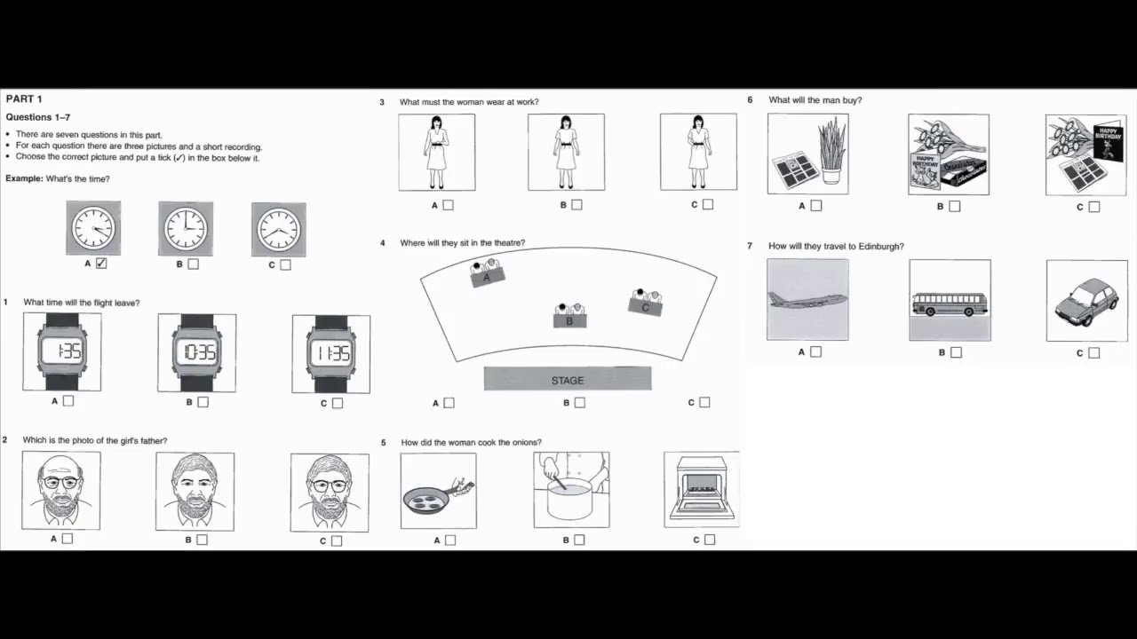 Listening B1, PET 3, Test 4, Part 1