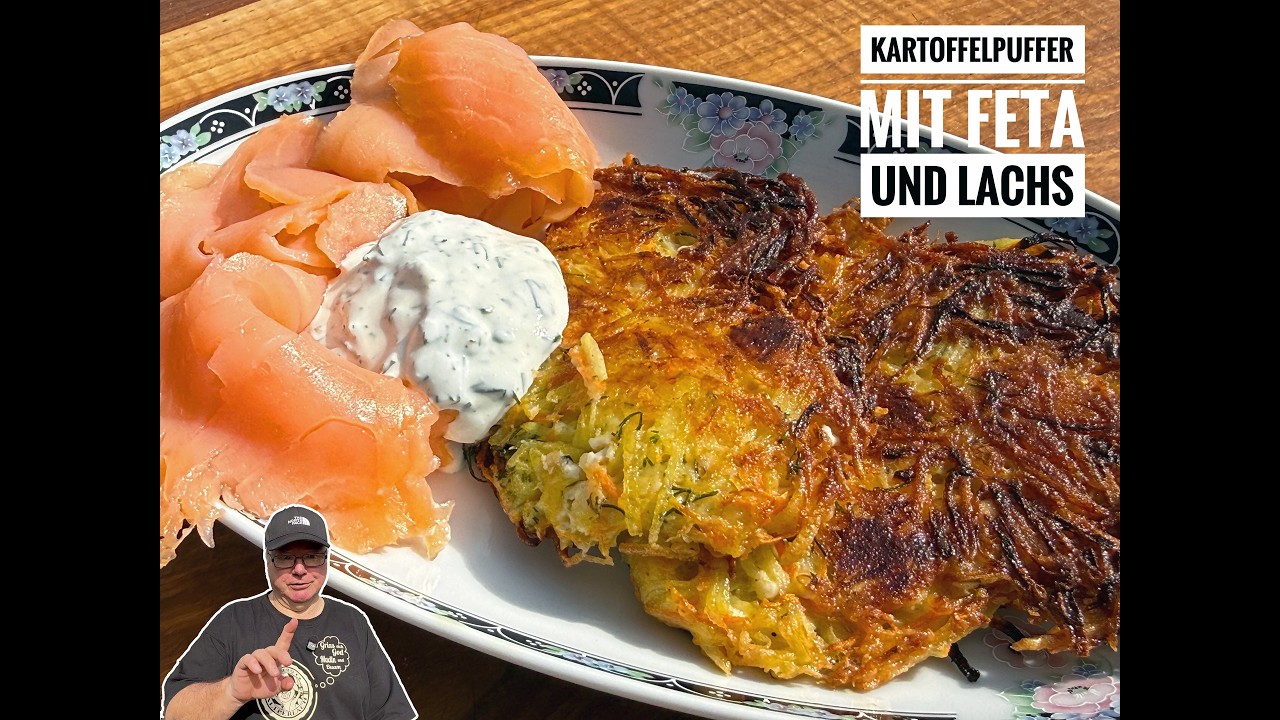 #723:Feta-Kartoffel-Puffer mit Räucherlachs - schnelle Sommerküche, leicht griechisch angehaucht.