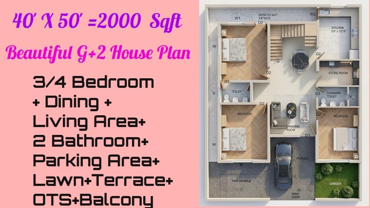 40' X 50' (2000 Sqft) Beautiful 3/4 BHK House Plan with Parking, Lawn, Terrace, OTS,2-Bathroom