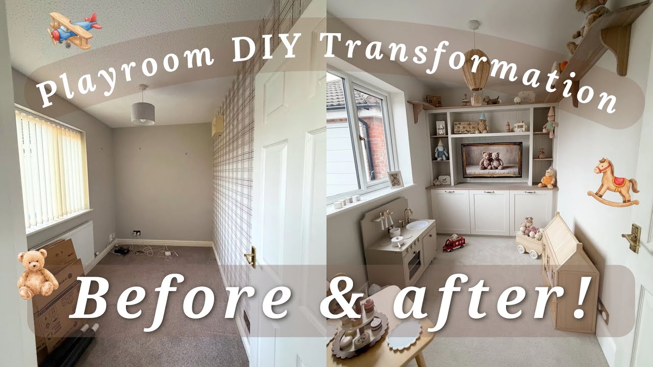 PLAYROOM DIY TRANSFORMATION 🧸before and after! DIY media unit | kids playroom ideas | neutral 
