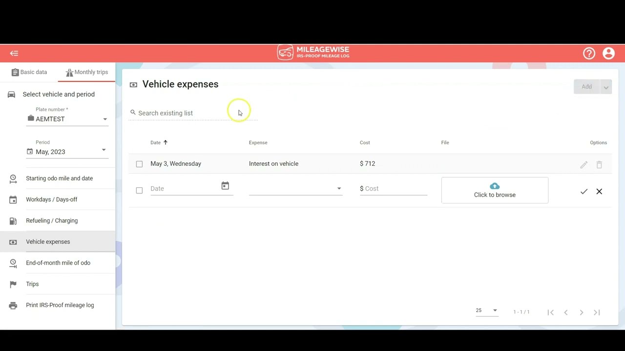 Vehicle expense tracker feature in MileageWise's Web Dashboard