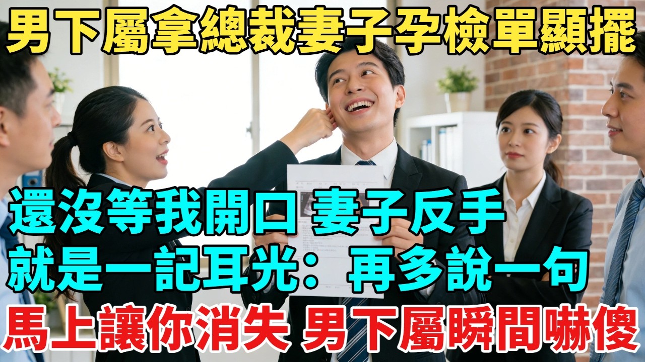 男下屬拿著總裁妻子的孕檢單到處顯擺，還沒等我開口，妻子反手就是一記耳光：再多說一句，我馬上讓你消失！男下屬瞬間嚇傻#故事#故事分享#小说#爽文#情感#情感故事#家庭