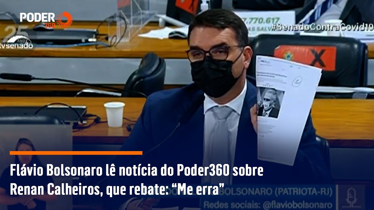 Флавио Болсонару читает статью Poder360 о Ренане Калейросе, который отвечает: «Я ошибаюсь»