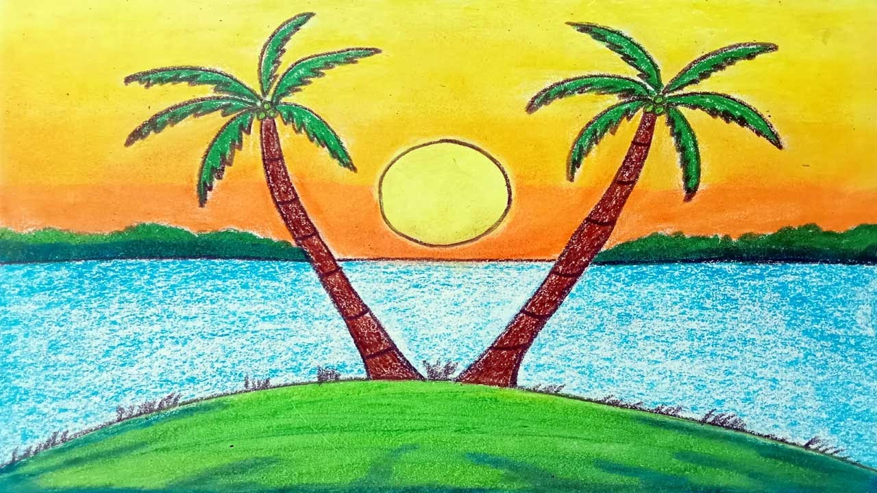 how to draw a very easy scenery Sun rising through two coconut trees drawing