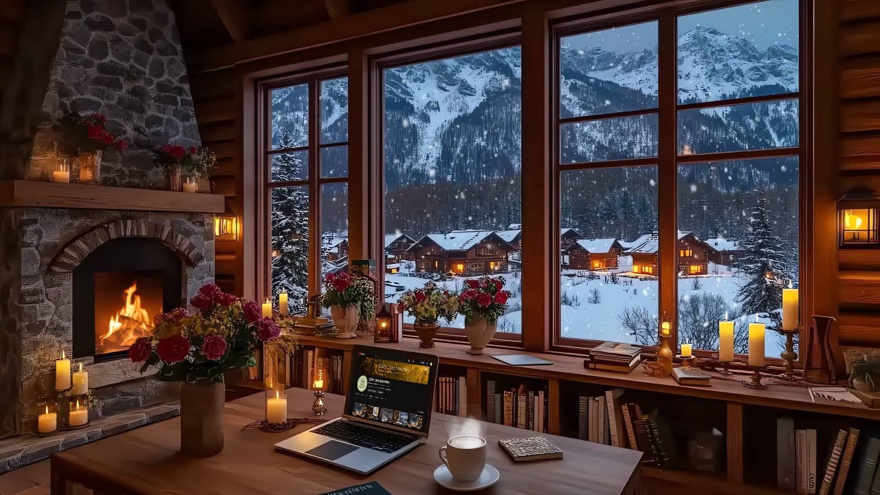 Snowy Night Café Ambience ❄️ Relaxing Jazz Music & Fireplace Sounds for Studying