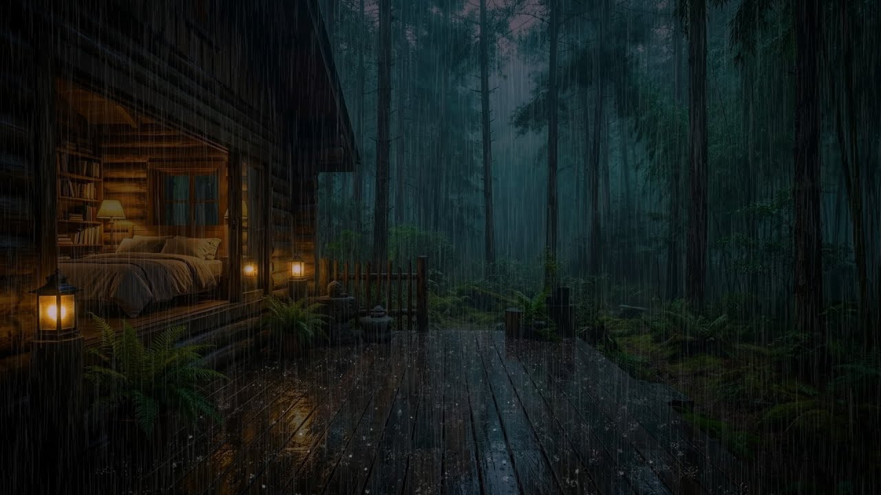Cozy Rainy Forest Cabin Ambience | Warm Lamp Glow, Deep Sleep & Relaxing Rain Sounds