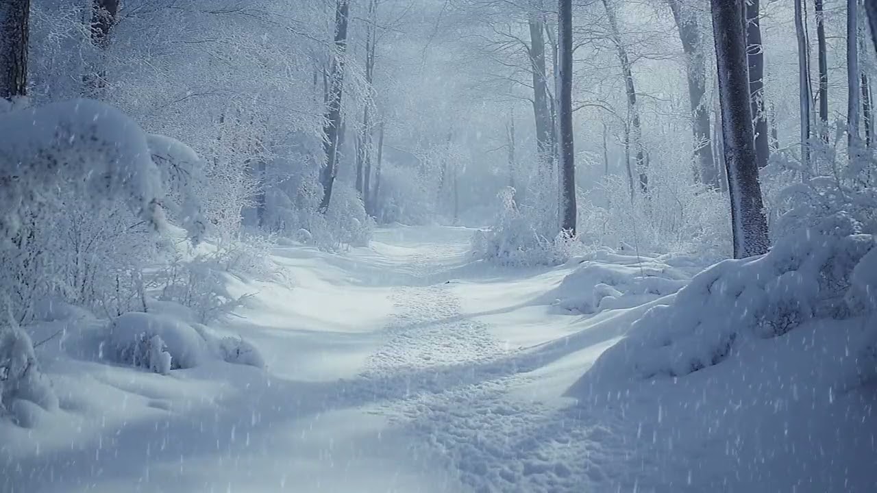 A Lonely Winter Road Wrapped in Falling Snow and Deep Morning Silence