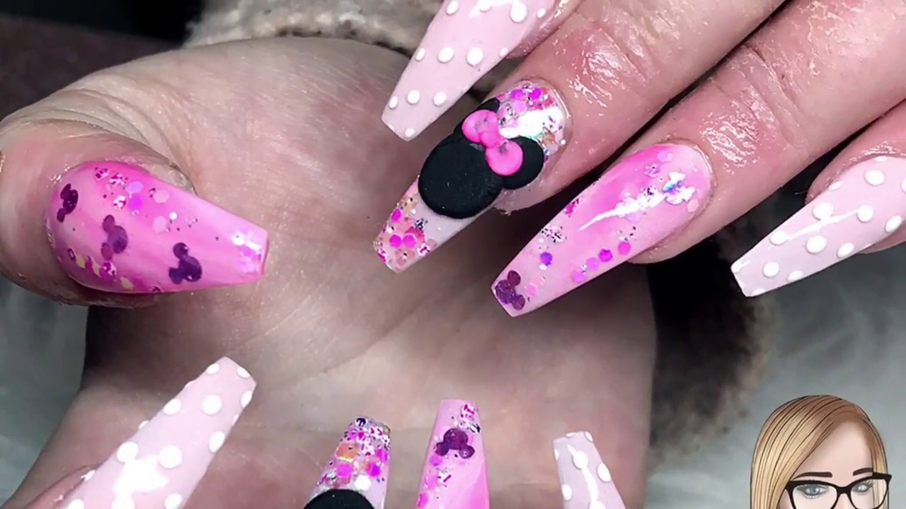 Disney acrylic nails ~ 3d Minnie Mouse ~ marble ~ pink