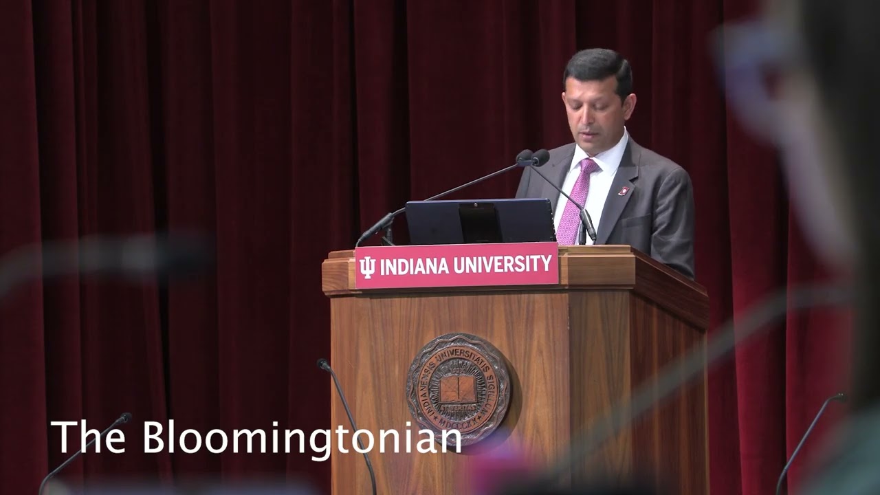 Shrivastav delivers the IU Bloomington State of the Campus speech on April 8, 2025