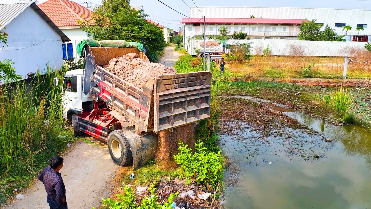 First New Project Landfill Flooded Delete Pond !!! Bulldozer D20P Push Soil ,Truck 5-Ton Spread Soil