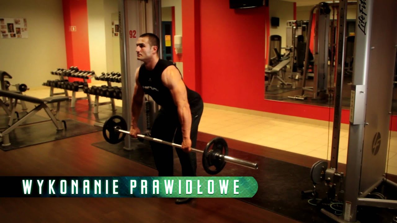 Trening plec&oacute;w - wiosłowanie sztangą nachwytem - Atlas Ćwiczeń SFD